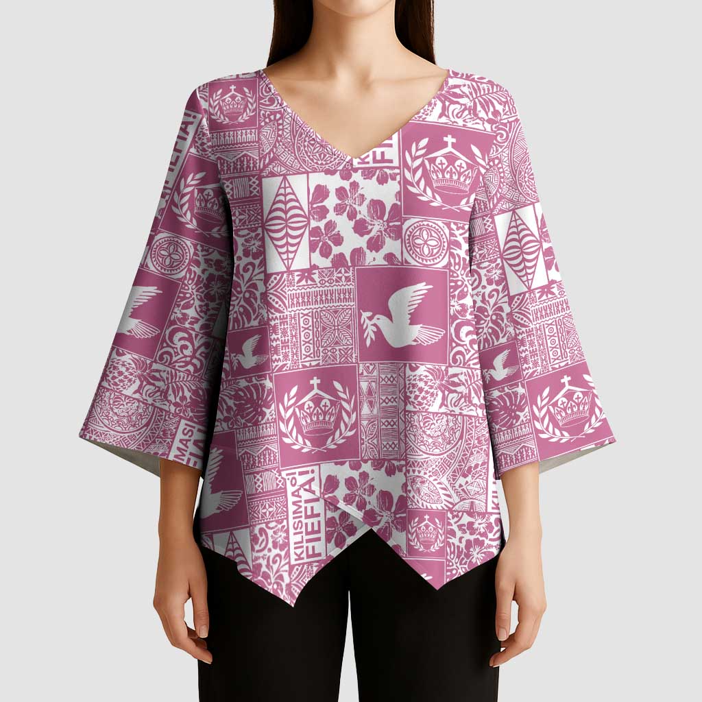 Pink Tonga Kilisimasi Fiefia Kimono Sleeve Blouse Pacific Patchwork Xmas Vibes - Polynesian Pride