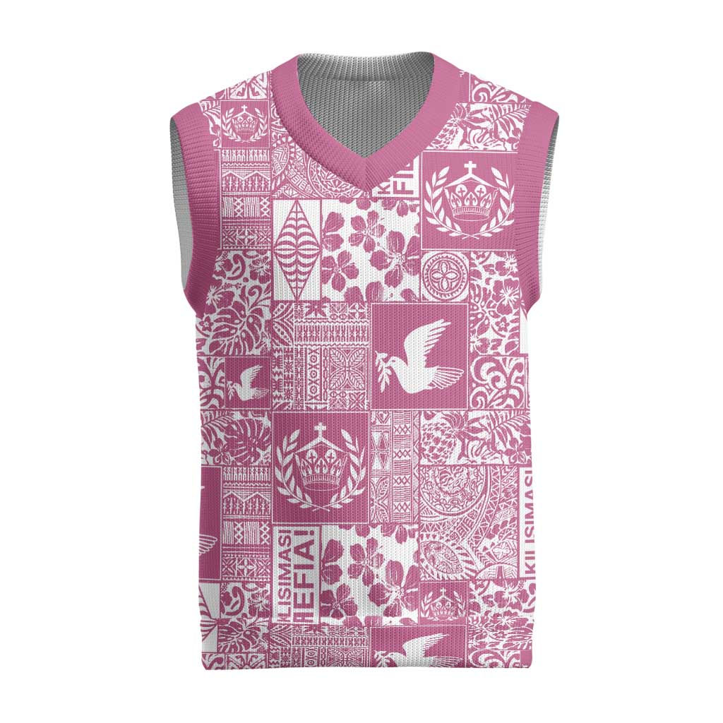 Pink Tonga Kilisimasi Fiefia Christmas Knitted V-Neck Vest Pacific Patchwork Xmas Vibes - Polynesian Pride