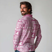 Pink Tonga Kilisimasi Fiefia Long Sleeve Polo Shirt Pacific Patchwork Xmas Vibes - Polynesian Pride