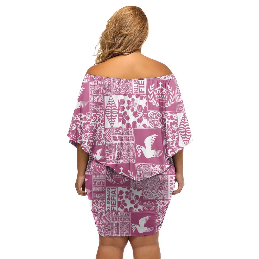 Pink Tonga Kilisimasi Fiefia Off Shoulder Short Dress Pacific Patchwork Xmas Vibes - Polynesian Pride