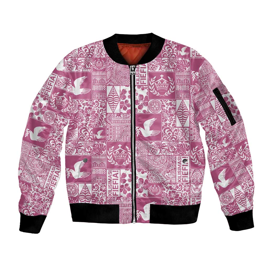 Pink Tonga Kilisimasi Fiefia Sleeve Zip Bomber Jacket Pacific Patchwork Xmas Vibes - Polynesian Pride