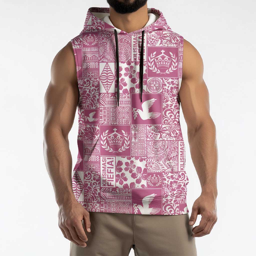 Pink Tonga Kilisimasi Fiefia Sleeveless Hoodie Pacific Patchwork Xmas Vibes - Polynesian Pride