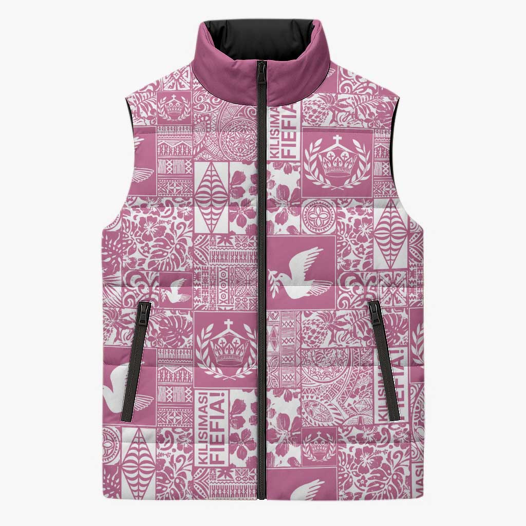 Pink Tonga Kilisimasi Fiefia Sleeveless Puffer Jacket Pacific Patchwork Xmas Vibes - Polynesian Pride