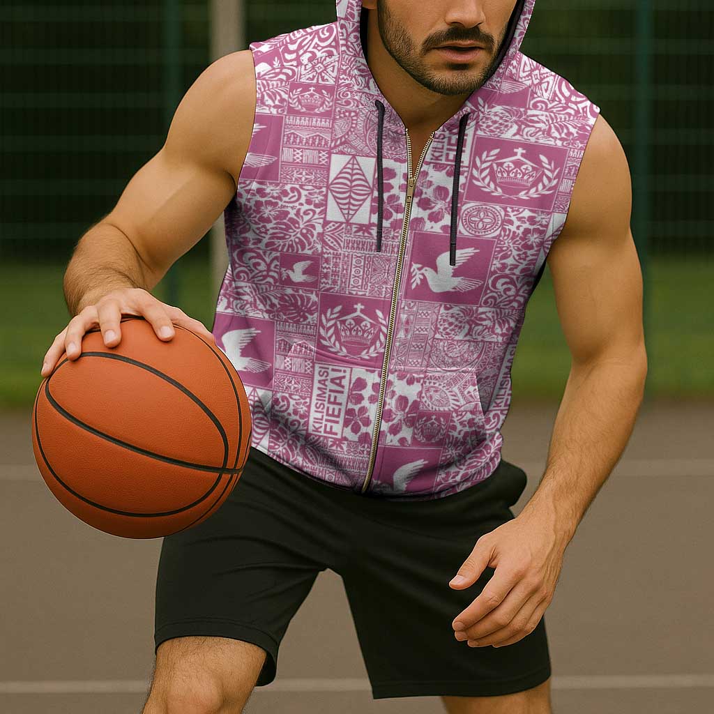 Pink Tonga Kilisimasi Fiefia Sleeveless Zip Hoodie Pacific Patchwork Xmas Vibes - Polynesian Pride