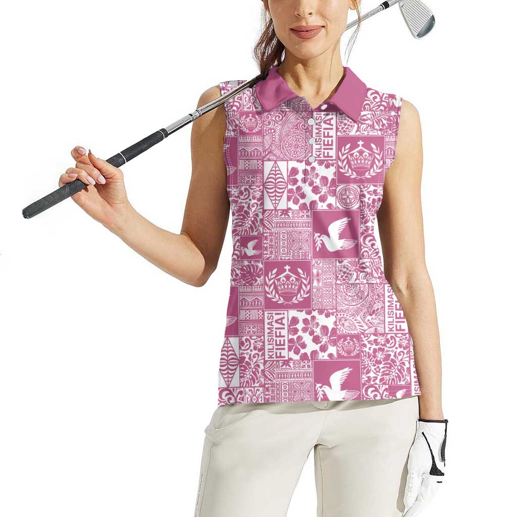 Pink Tonga Kilisimasi Fiefia Women Sleeveless Polo Shirt Pacific Patchwork Xmas Vibes - Polynesian Pride