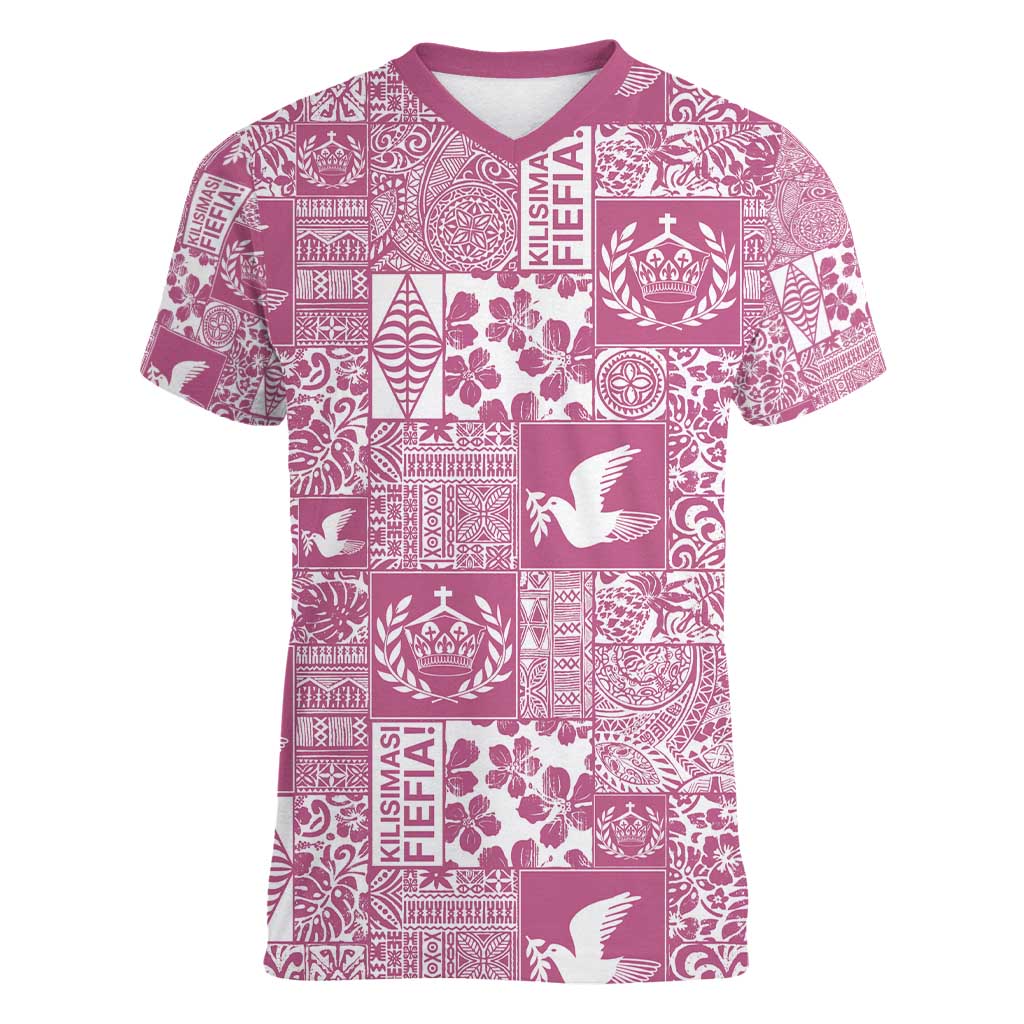 Pink Tonga Kilisimasi Fiefia Women V-Neck T-Shirt Pacific Patchwork Xmas Vibes - Polynesian Pride