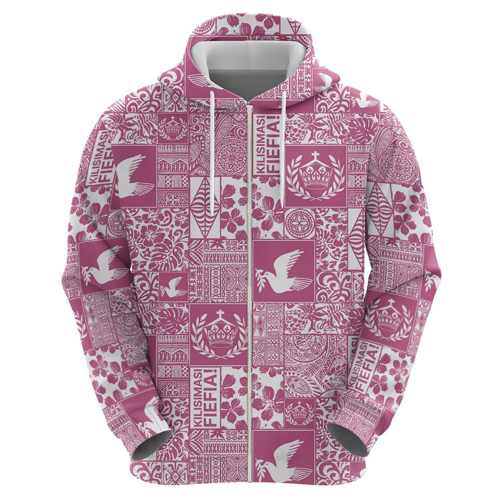 Pink Tonga Kilisimasi Fiefia Zip Hoodie Pacific Patchwork Xmas Vibes - Polynesian Pride