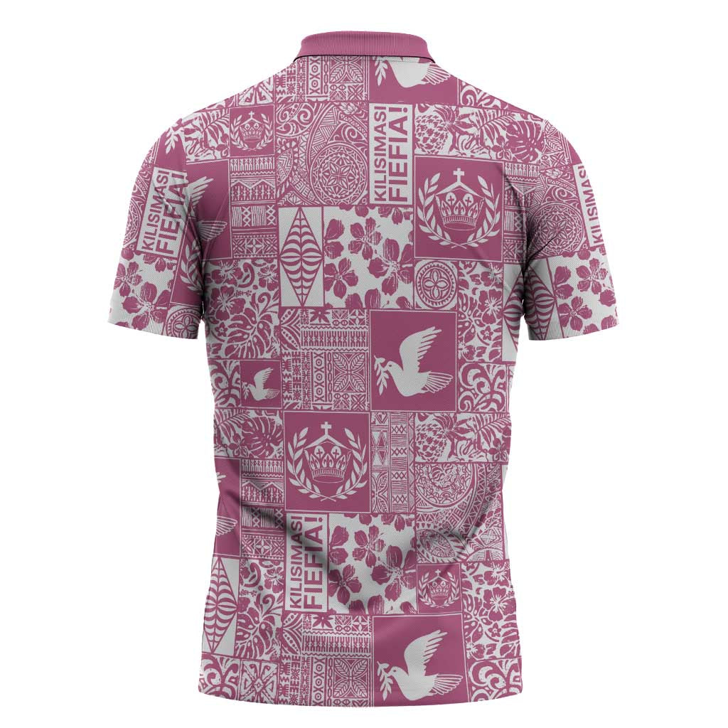 Pink Tonga Kilisimasi Fiefia Zipper Polo Shirt Pacific Patchwork Xmas Vibes - Polynesian Pride