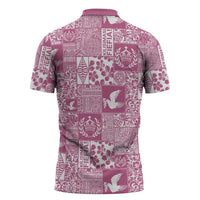 Pink Tonga Kilisimasi Fiefia Zipper Polo Shirt Pacific Patchwork Xmas Vibes - Polynesian Pride
