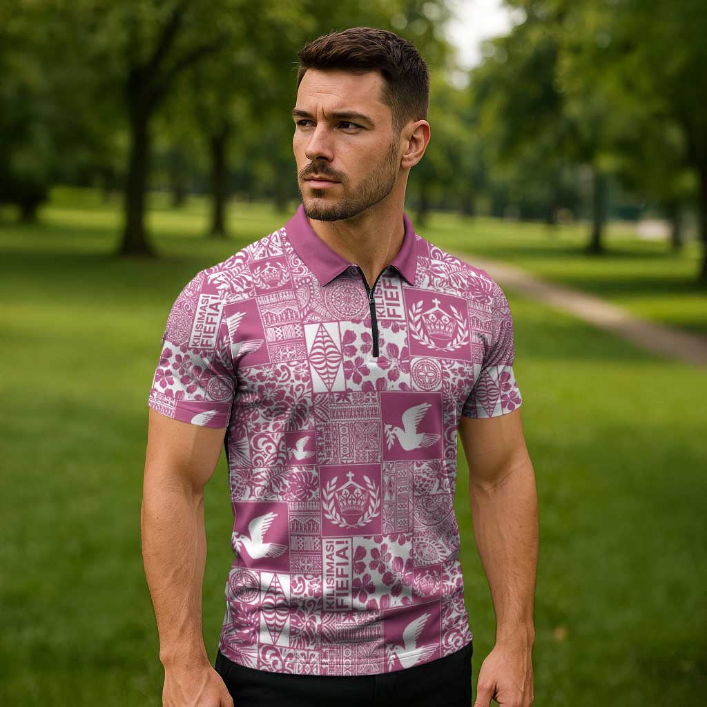 Pink Tonga Kilisimasi Fiefia Zipper Polo Shirt Pacific Patchwork Xmas Vibes - Polynesian Pride