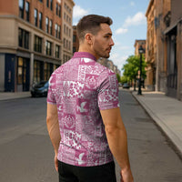 Pink Tonga Kilisimasi Fiefia Zipper Polo Shirt Pacific Patchwork Xmas Vibes - Polynesian Pride