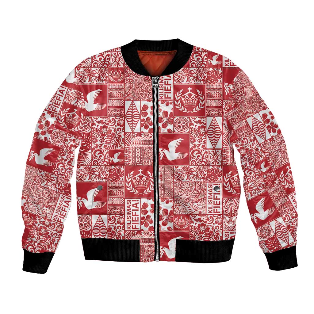 Red Tonga Kilisimasi Fiefia Bomber Jacket Pacific Patchwork Xmas Vibes - Polynesian Pride