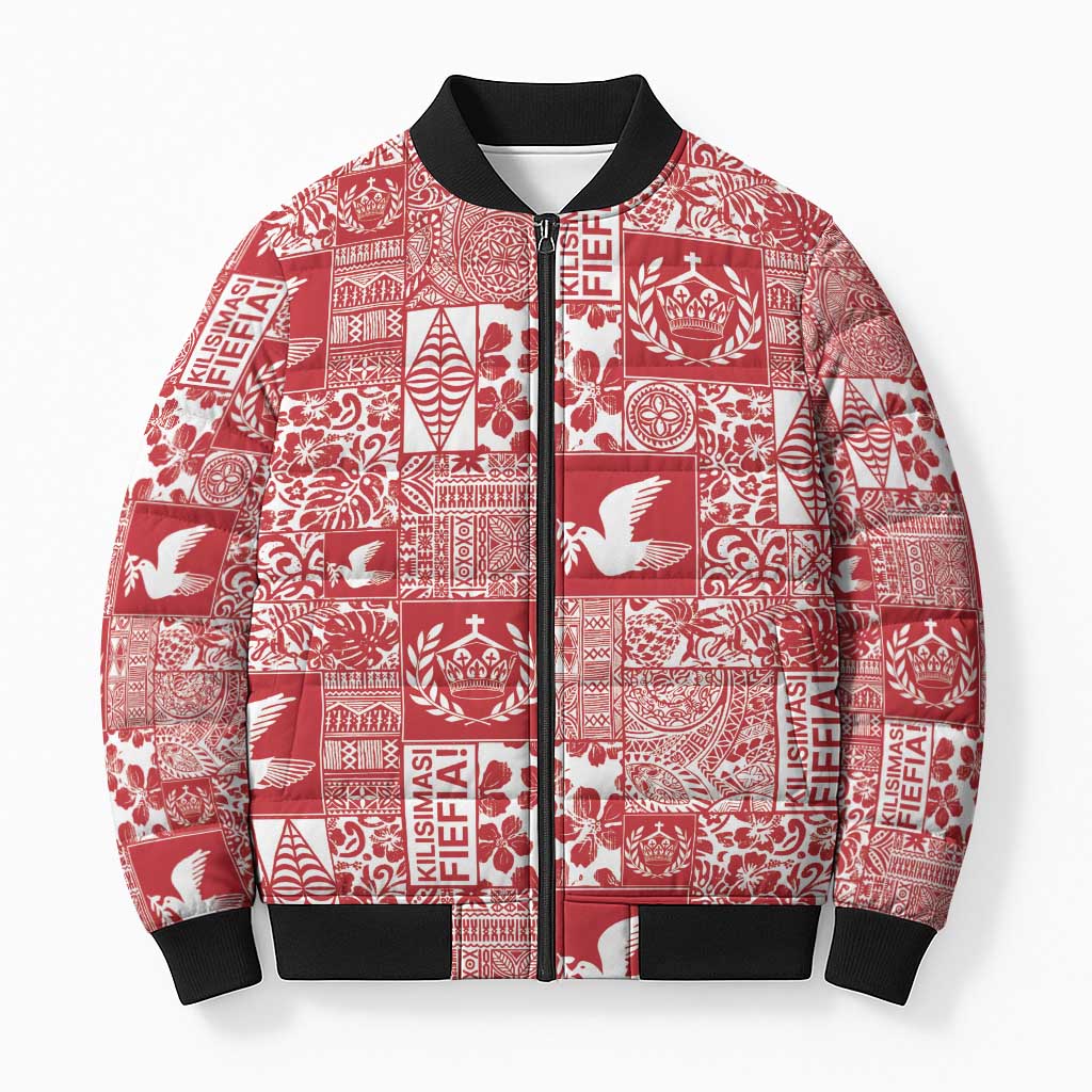 Red Tonga Kilisimasi Fiefia Bomber Puffer Jacket Pacific Patchwork Xmas Vibes - Polynesian Pride