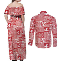 Red Tonga Kilisimasi Fiefia Couples Matching Off Shoulder Maxi Dress and Long Sleeve Button Shirt Pacific Patchwork Xmas Vibes - Polynesian Pride