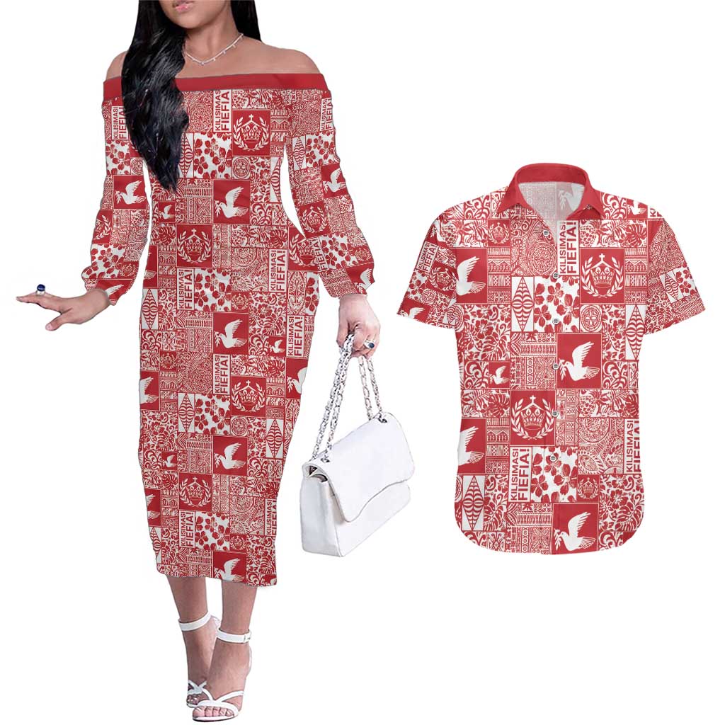 Red Tonga Kilisimasi Fiefia Couples Matching Off The Shoulder Long Sleeve Dress and Hawaiian Shirt Pacific Patchwork Xmas Vibes - Polynesian Pride