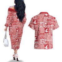 Red Tonga Kilisimasi Fiefia Couples Matching Off The Shoulder Long Sleeve Dress and Hawaiian Shirt Pacific Patchwork Xmas Vibes - Polynesian Pride