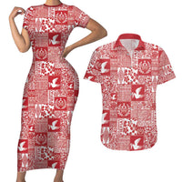 Red Tonga Kilisimasi Fiefia Couples Matching Short Sleeve Bodycon Dress and Hawaiian Shirt Pacific Patchwork Xmas Vibes - Polynesian Pride
