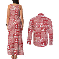 Red Tonga Kilisimasi Fiefia Couples Matching Tank Maxi Dress and Long Sleeve Button Shirt Pacific Patchwork Xmas Vibes - Polynesian Pride