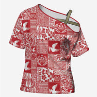 Red Tonga Kilisimasi Fiefia Cross Shoulder Shirt Pacific Patchwork Xmas Vibes - Polynesian Pride
