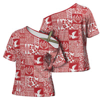 Red Tonga Kilisimasi Fiefia Cross Shoulder Shirt Pacific Patchwork Xmas Vibes - Polynesian Pride