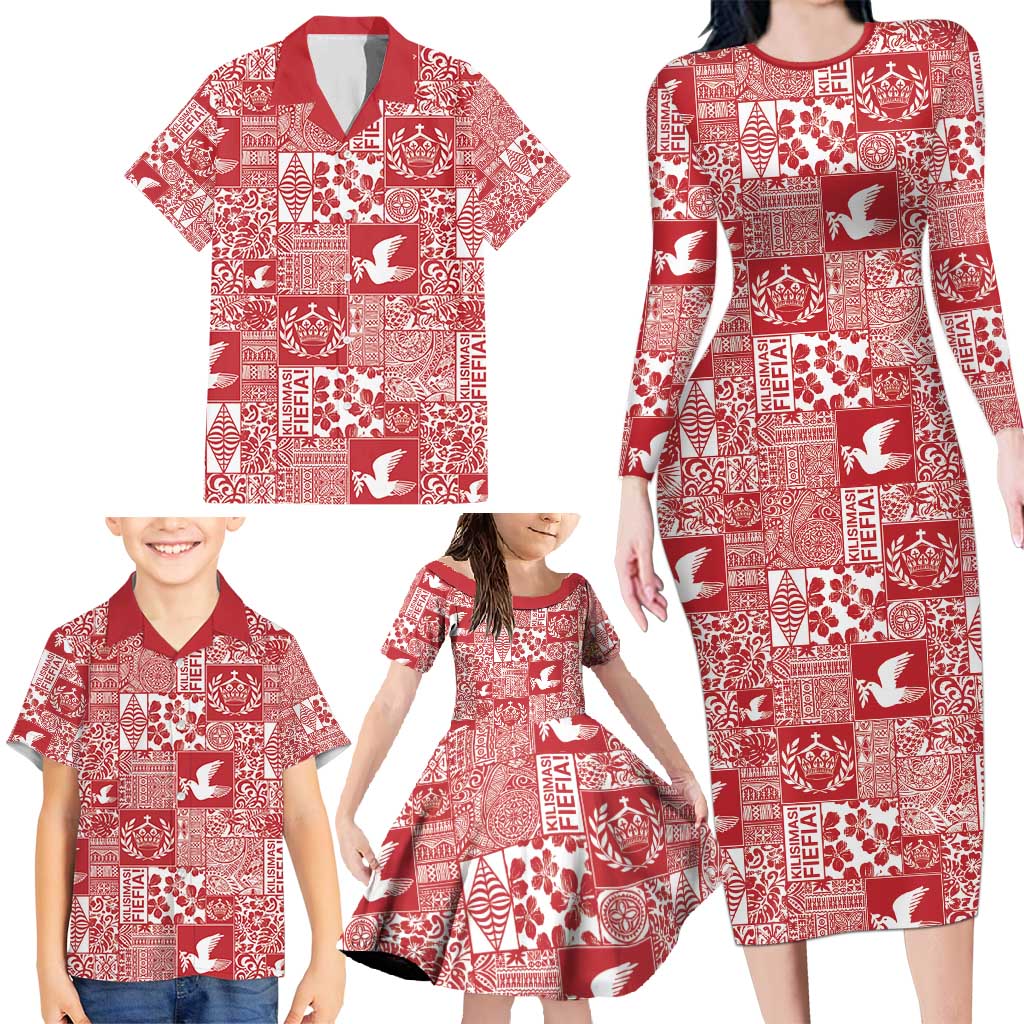 Red Tonga Kilisimasi Fiefia Family Matching Long Sleeve Bodycon Dress and Hawaiian Shirt Pacific Patchwork Xmas Vibes - Polynesian Pride