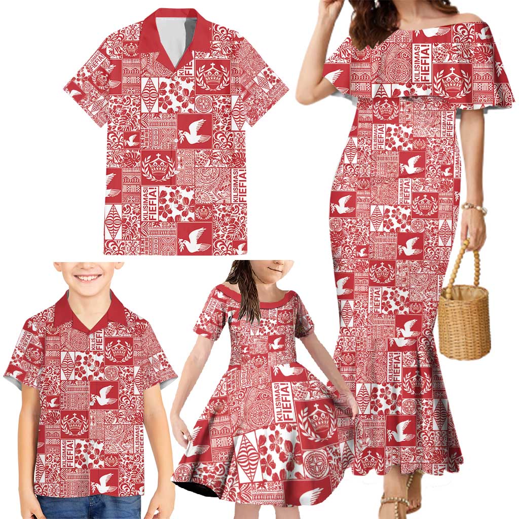 Red Tonga Kilisimasi Fiefia Family Matching Mermaid Dress and Hawaiian Shirt Pacific Patchwork Xmas Vibes - Polynesian Pride