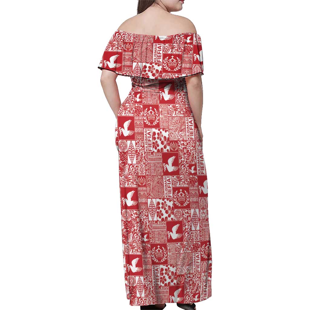 Red Tonga Kilisimasi Fiefia Family Matching Off Shoulder Maxi Dress and Hawaiian Shirt Pacific Patchwork Xmas Vibes - Polynesian Pride