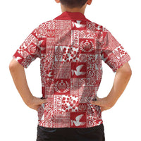 Red Tonga Kilisimasi Fiefia Family Matching Off Shoulder Short Dress and Hawaiian Shirt Pacific Patchwork Xmas Vibes - Polynesian Pride