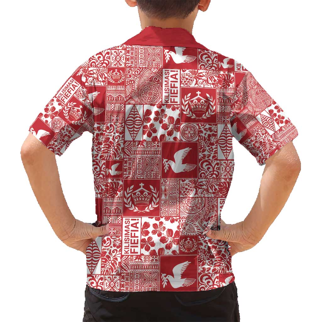 Red Tonga Kilisimasi Fiefia Family Matching Puletasi and Hawaiian Shirt Pacific Patchwork Xmas Vibes - Polynesian Pride