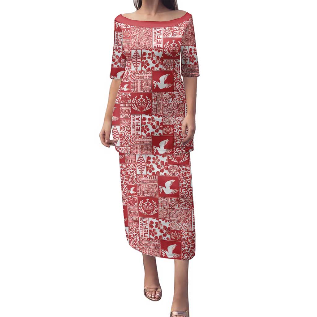 Red Tonga Kilisimasi Fiefia Family Matching Puletasi and Hawaiian Shirt Pacific Patchwork Xmas Vibes - Polynesian Pride