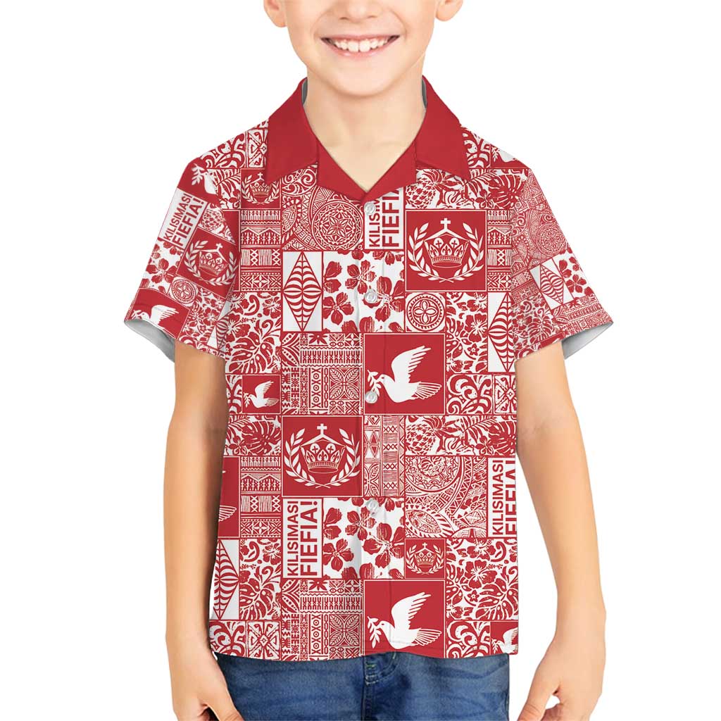 Red Tonga Kilisimasi Fiefia Family Matching Puletasi and Hawaiian Shirt Pacific Patchwork Xmas Vibes - Polynesian Pride