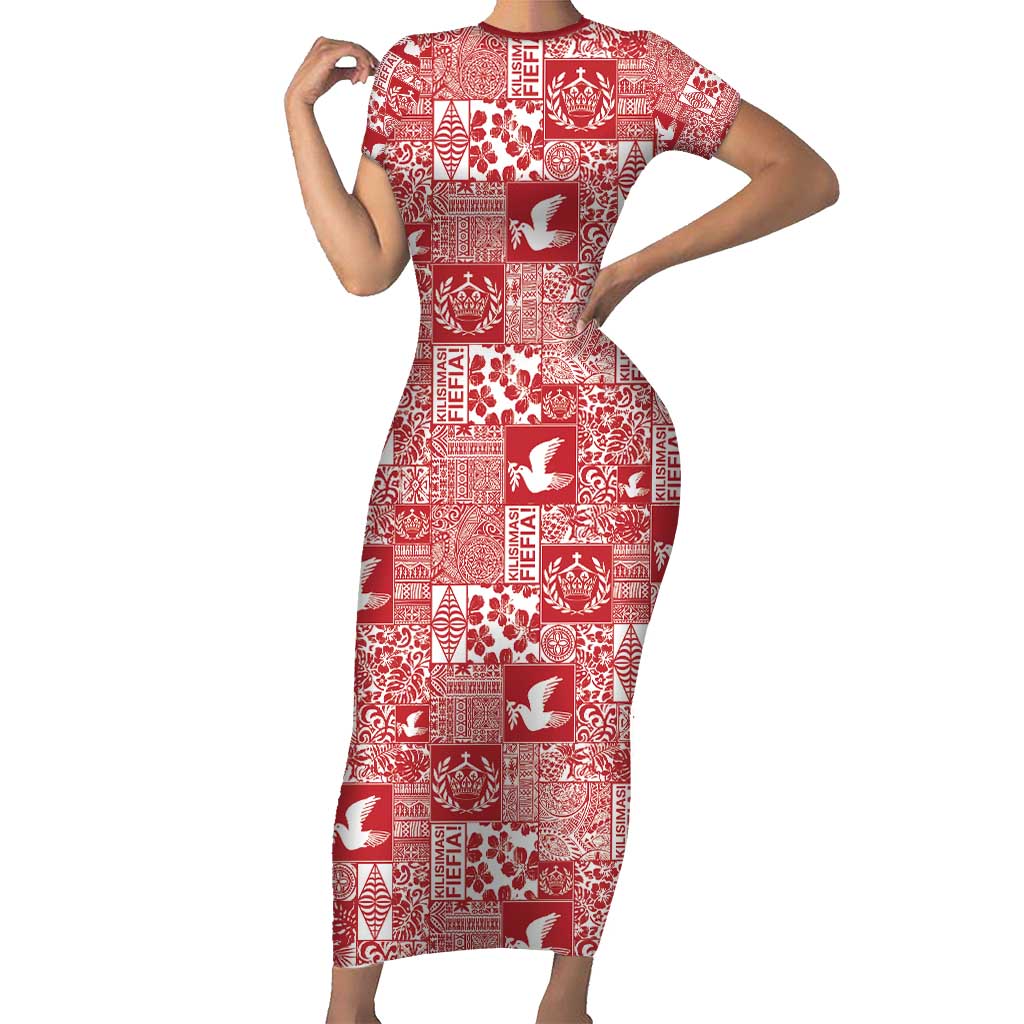 Red Tonga Kilisimasi Fiefia Family Matching Short Sleeve Bodycon Dress and Hawaiian Shirt Pacific Patchwork Xmas Vibes - Polynesian Pride