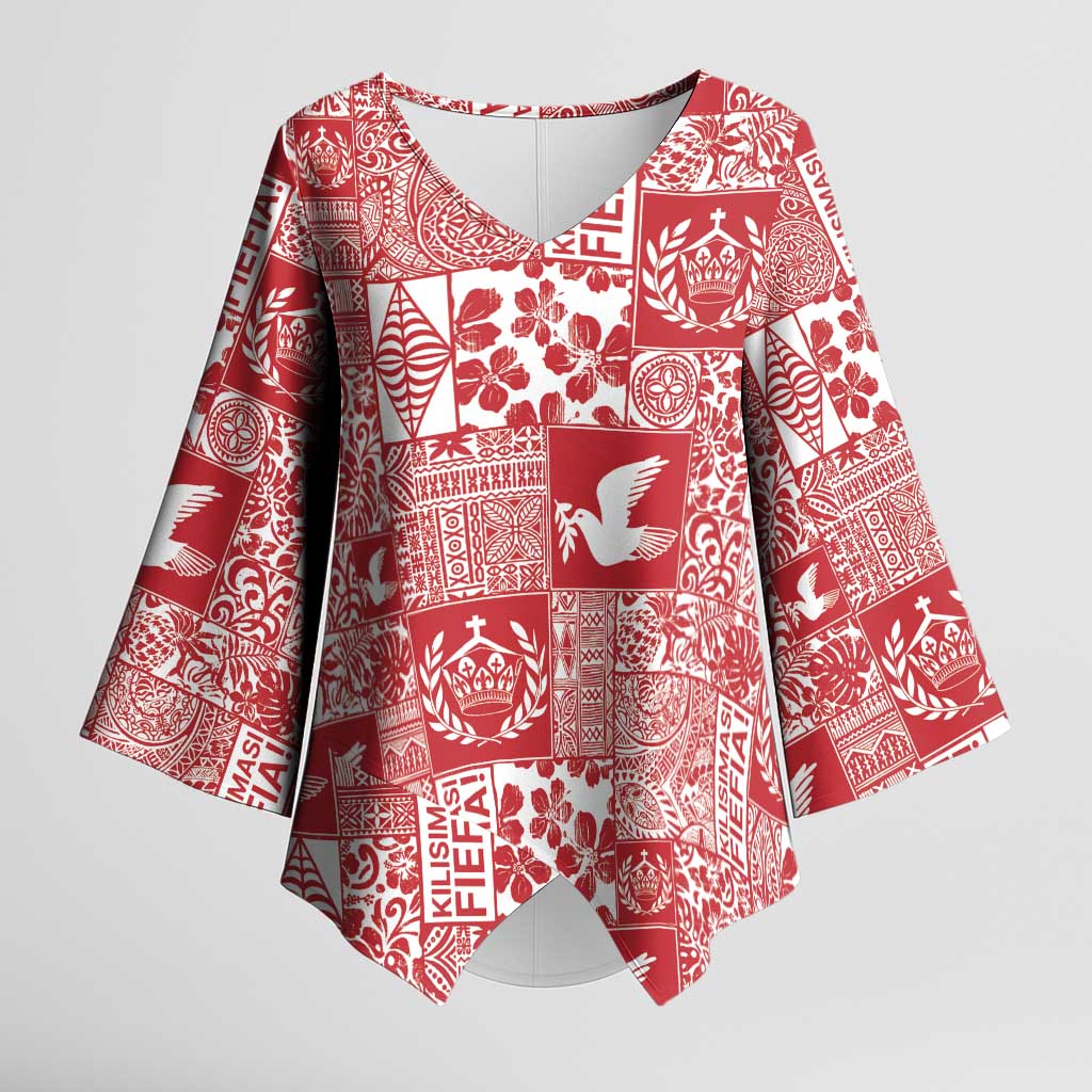 Red Tonga Kilisimasi Fiefia Kimono Sleeve Blouse Pacific Patchwork Xmas Vibes - Polynesian Pride