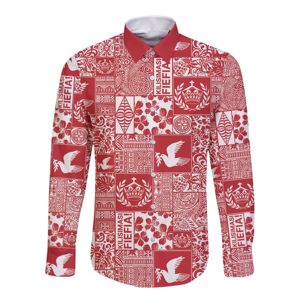 Red Tonga Kilisimasi Fiefia Long Sleeve Button Shirt Pacific Patchwork Xmas Vibes - Polynesian Pride