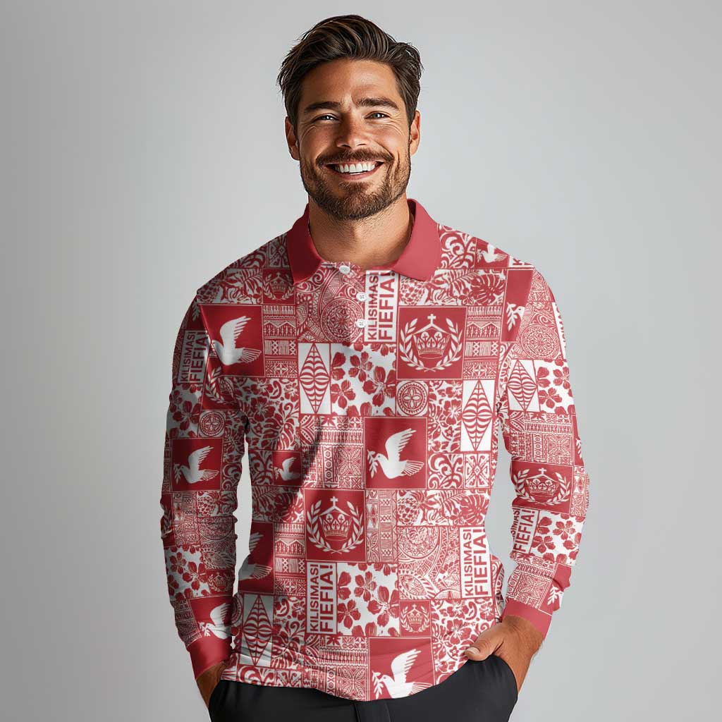 Red Tonga Kilisimasi Fiefia Long Sleeve Polo Shirt Pacific Patchwork Xmas Vibes - Polynesian Pride