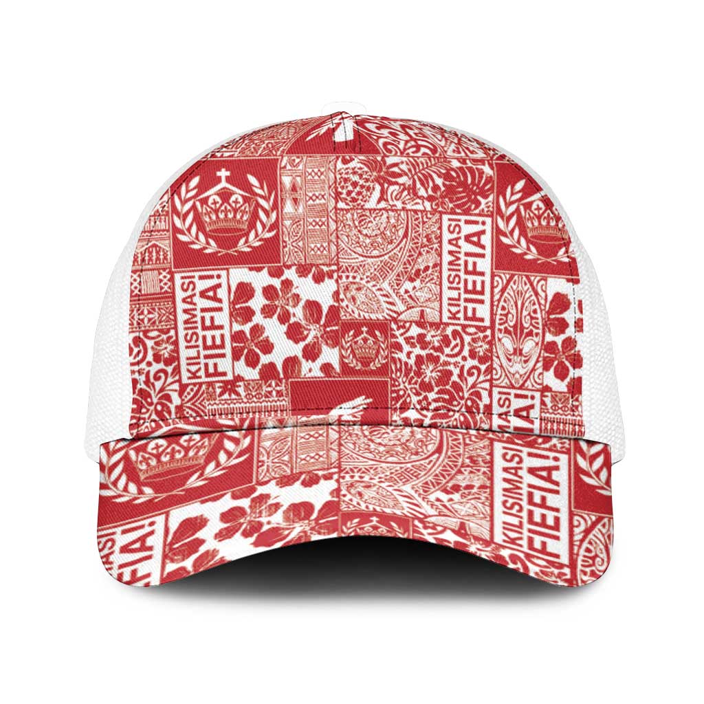 Red Tonga Kilisimasi Fiefia Mesh Trucker Cap Pacific Patchwork Xmas Vibes - Polynesian Pride