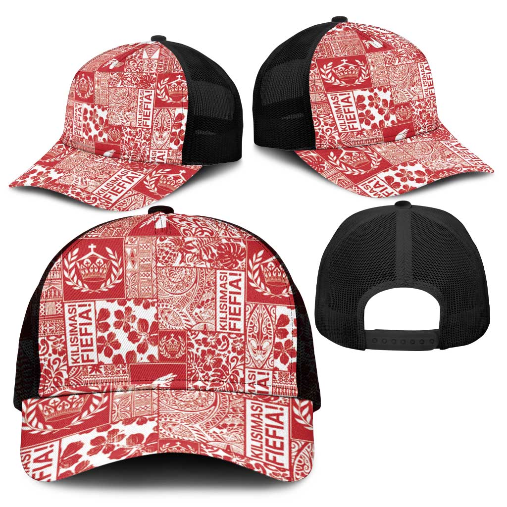 Red Tonga Kilisimasi Fiefia Mesh Trucker Cap Pacific Patchwork Xmas Vibes - Polynesian Pride