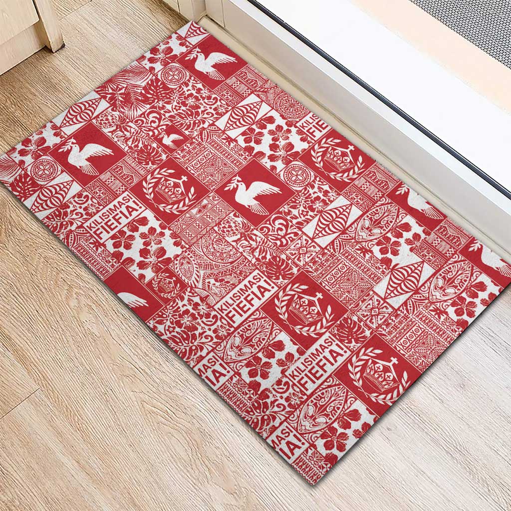 Red Tonga Kilisimasi Fiefia Rubber Doormat Pacific Patchwork Xmas Vibes - Polynesian Pride