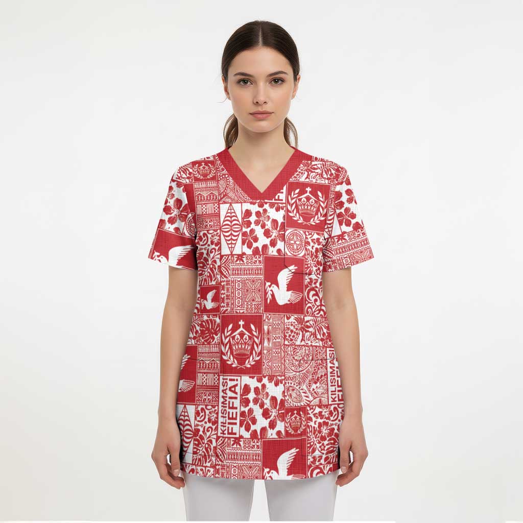 Red Tonga Kilisimasi Fiefia Scrub Top Pacific Patchwork Xmas Vibes - Polynesian Pride