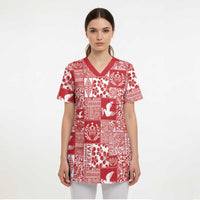Red Tonga Kilisimasi Fiefia Scrub Top Pacific Patchwork Xmas Vibes - Polynesian Pride