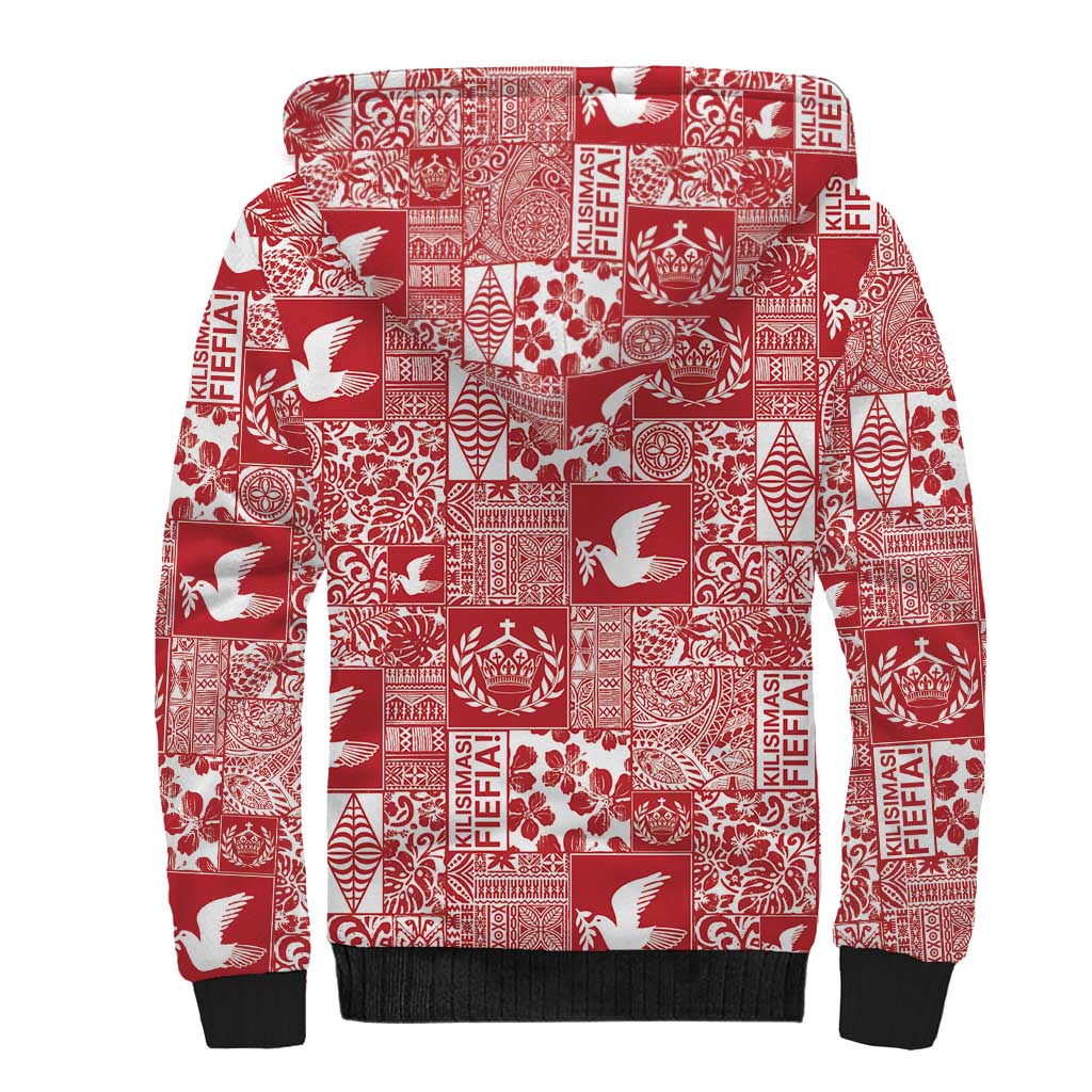 Red Tonga Kilisimasi Fiefia Sherpa Hoodie Pacific Patchwork Xmas Vibes - Polynesian Pride