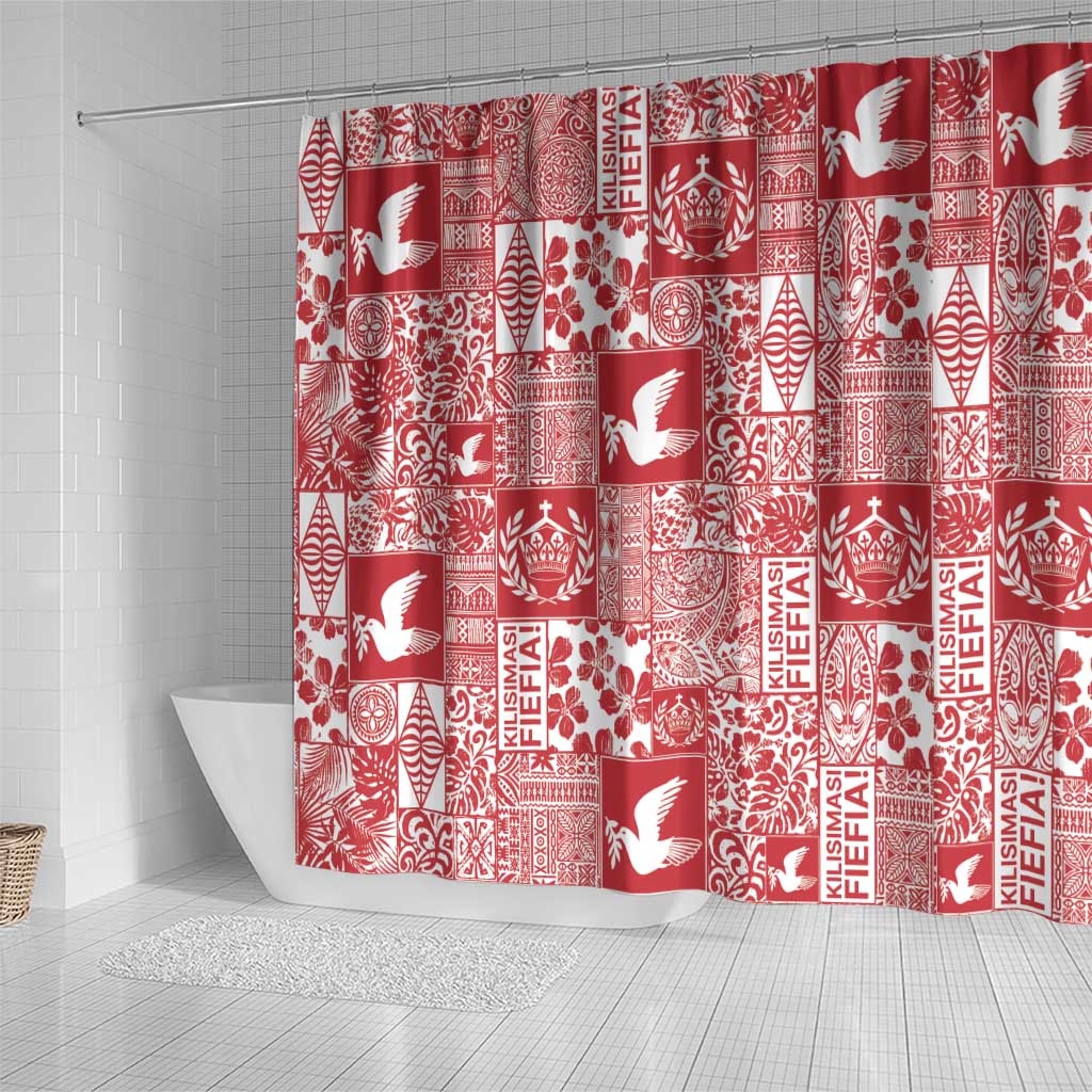 Red Tonga Kilisimasi Fiefia Shower Curtain Pacific Patchwork Xmas Vibes - Polynesian Pride