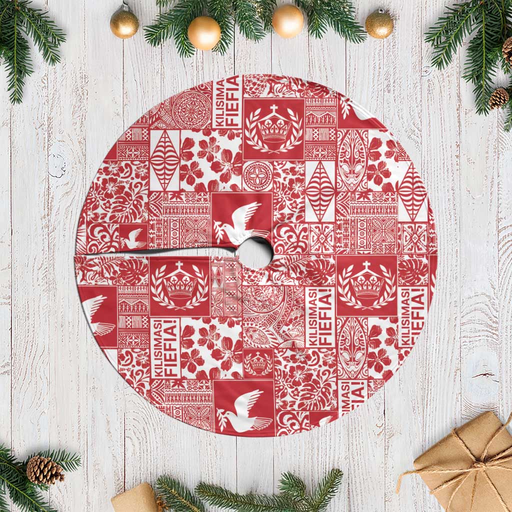 Red Tonga Kilisimasi Fiefia Tree Skirt Pacific Patchwork Xmas Vibes - Polynesian Pride