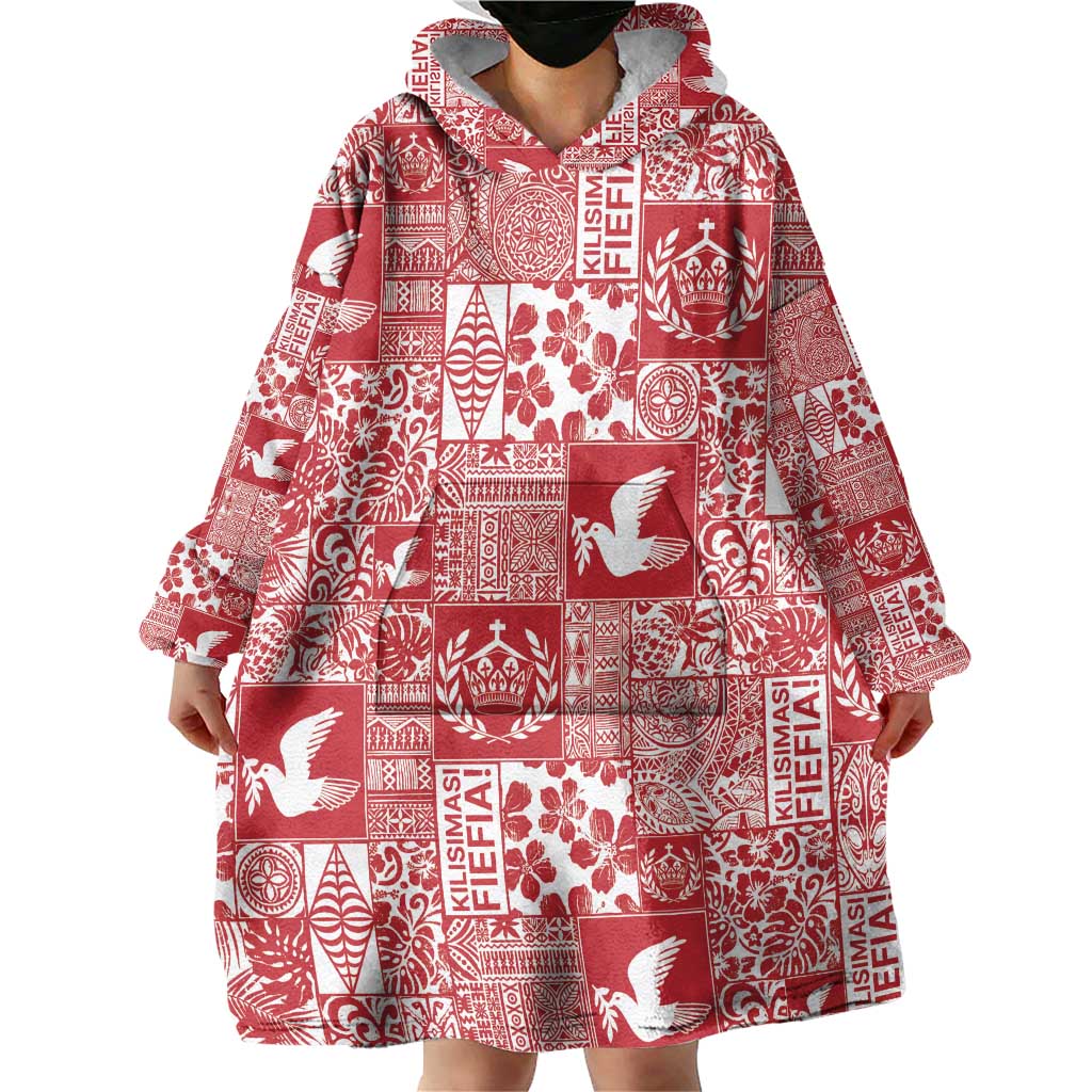 Red Tonga Kilisimasi Fiefia Wearable Blanket Hoodie Pacific Patchwork Xmas Vibes - Polynesian Pride