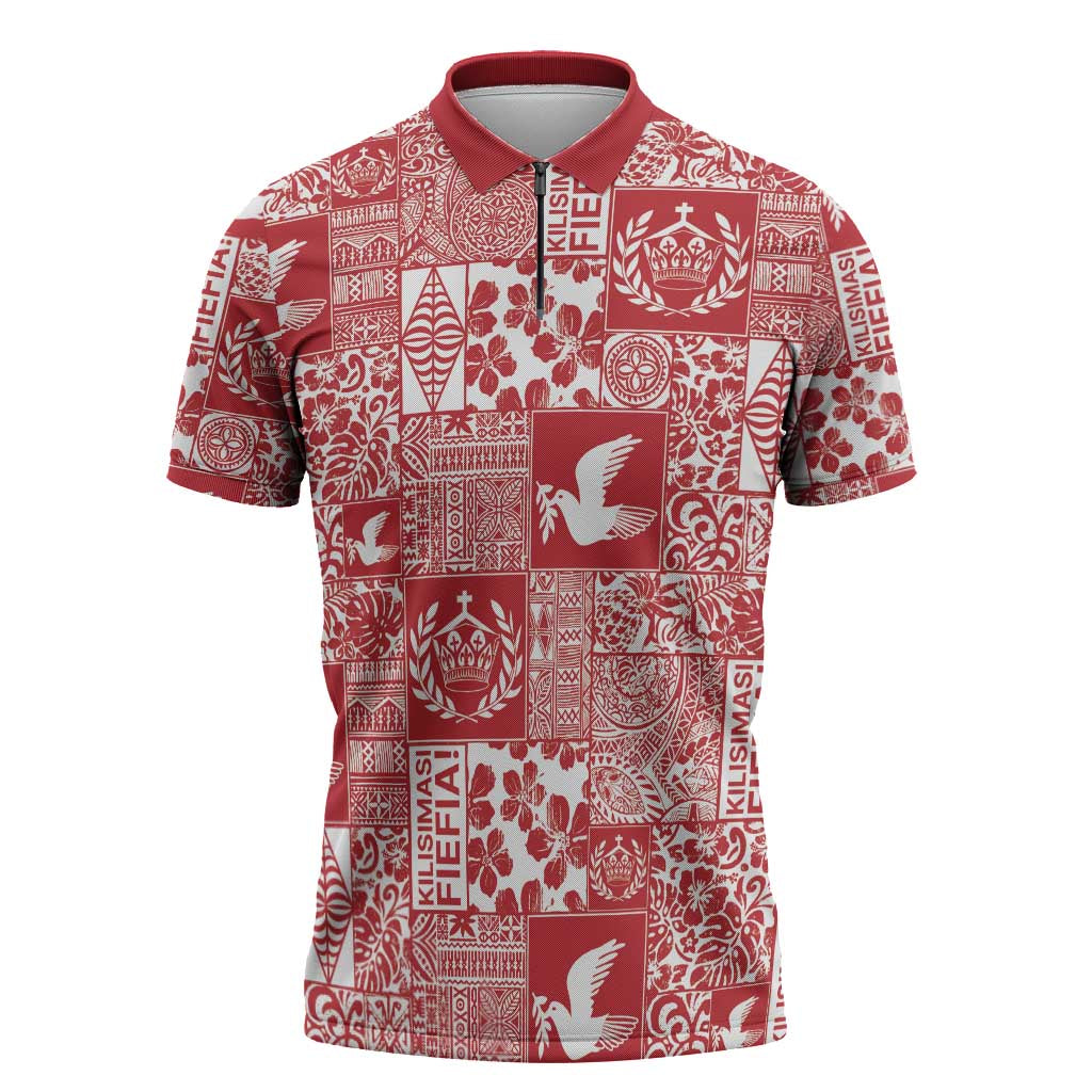 Red Tonga Kilisimasi Fiefia Zipper Polo Shirt Pacific Patchwork Xmas Vibes - Polynesian Pride