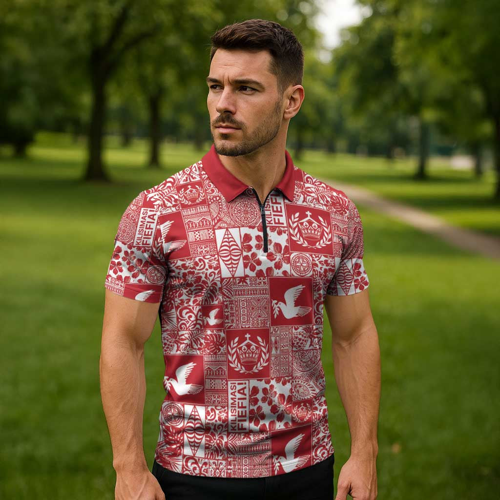 Red Tonga Kilisimasi Fiefia Zipper Polo Shirt Pacific Patchwork Xmas Vibes - Polynesian Pride