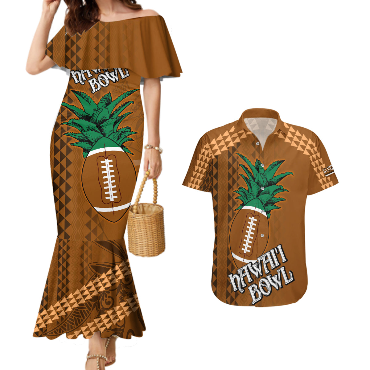 Custom Hawaii Honolulu Bowl Couples Matching Mermaid Dress and Hawaiian Shirt With Kakau Tribal Pattern LT9 Brown - Polynesian Pride