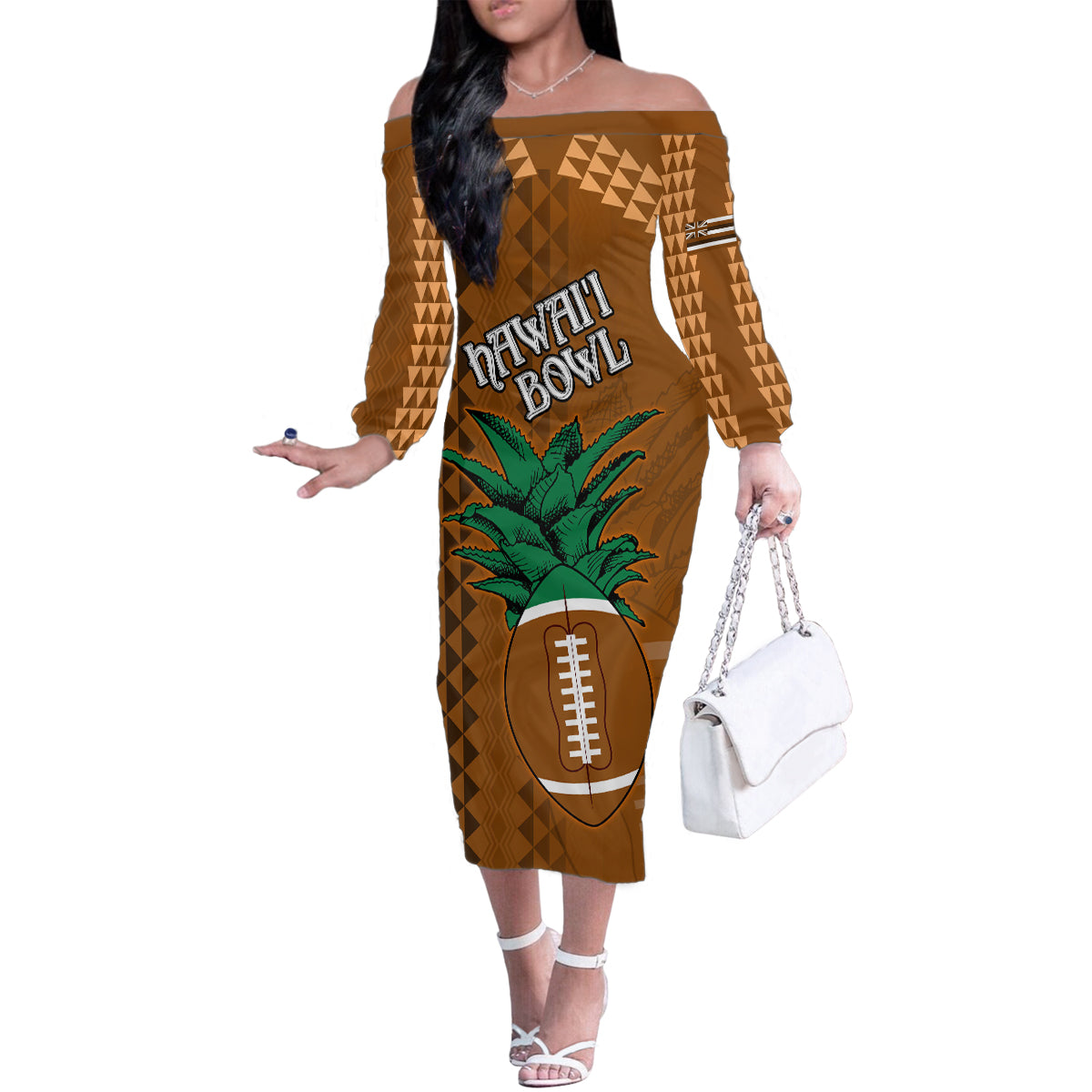 Custom Hawaii Honolulu Bowl Family Matching Off Shoulder Long Sleeve Dress and Hawaiian Shirt With Kakau Tribal Pattern LT9 Mom's Dress Brown - Polynesian Pride