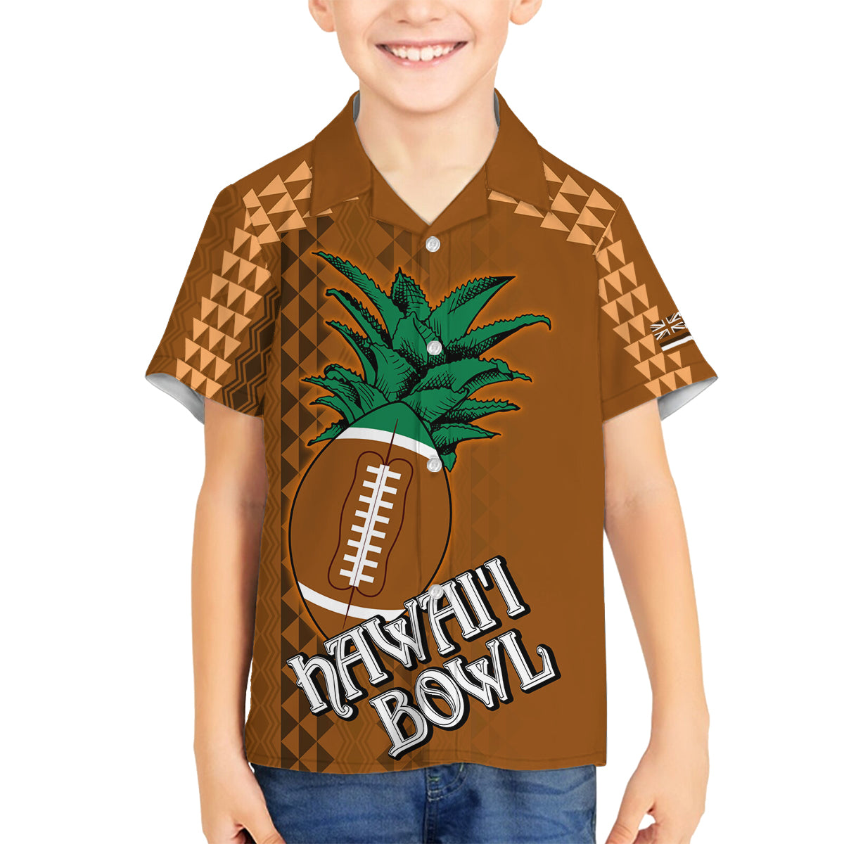 Custom Hawaii Honolulu Bowl Family Matching Off Shoulder Long Sleeve Dress and Hawaiian Shirt With Kakau Tribal Pattern LT9 Son's Shirt Brown - Polynesian Pride