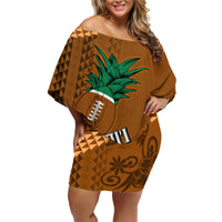 Custom Hawaii Honolulu Bowl Family Matching Off Shoulder Short Dress and Hawaiian Shirt With Kakau Tribal Pattern LT9 Mom's Dress Brown - Polynesian Pride